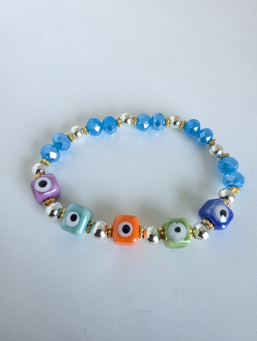 Colorful Evil Eye Stretch Bracelet Blue Crystal Beaded Gold Tone Handmade